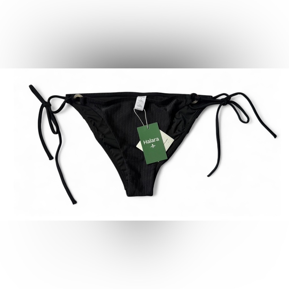 NWT Halara Ribbed Side Tie Bikini Bottom Womens Large Black Minimalist Swim